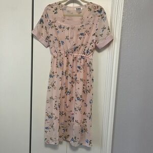 YUNA Pink Floral Chiffon Midi Dress Pearl Button Square Neck Cottagecore L/XL